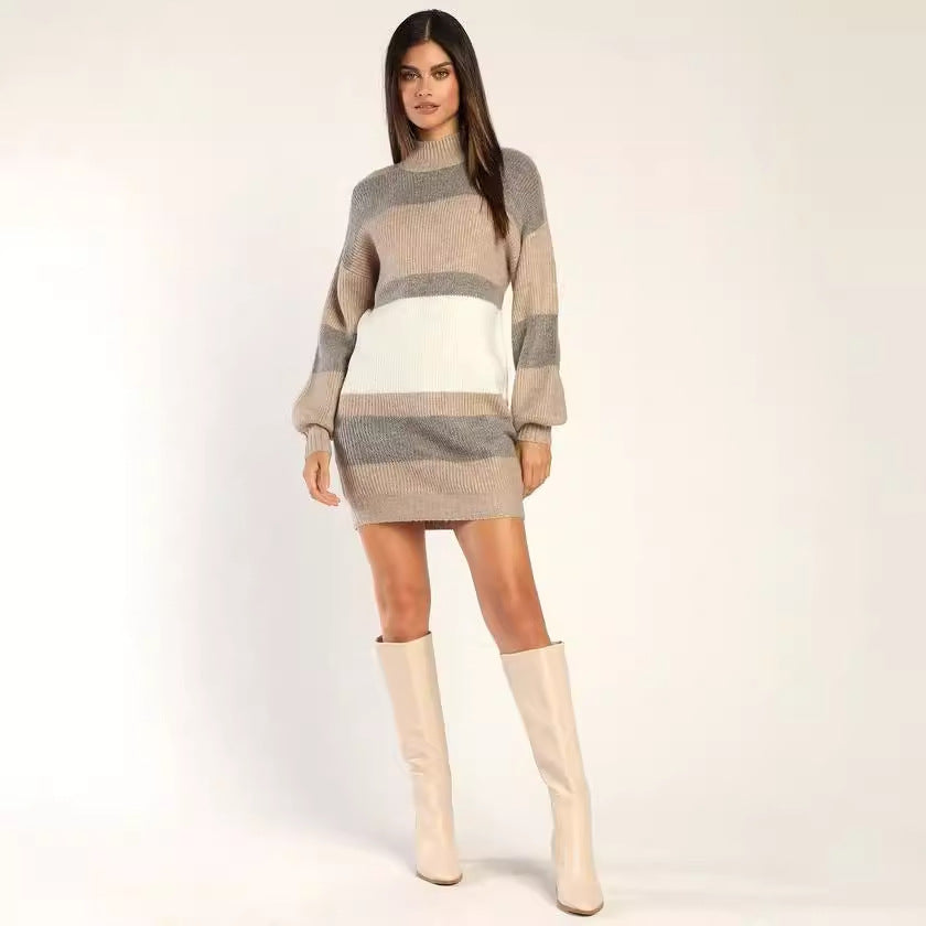 Damen Strickkleid mit Rollkragen | Figurbetontes Winterkleid mit Streifenmuster für Alltag, Büro und besondere Anlässe