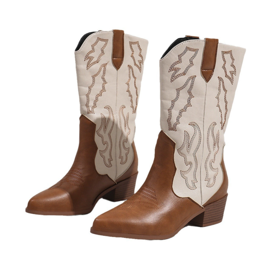 Damen Cowboystiefel mit Stickerei | Wadenhohe Westernstiefel mit Blockabsatz, spitzer Zehenform und gepolsterter Innensohle