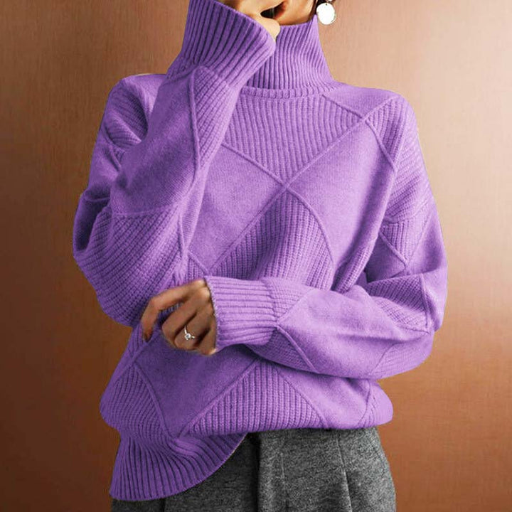 Damen Strickpullover mit hohem Kragen | Warmer Winterpullover mit strukturiertem geometrischem Muster für moderne Winterlooks