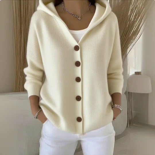 Damen Kapuzen-Cardigan Oversize | Weicher Feinstrick-Cardigan mit Knopfleiste, Eingrifftaschen und lässiger Passform