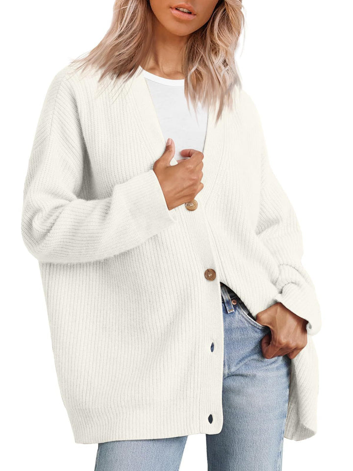 Damen Oversize Strickjacke mit Knopfleiste | Lockerer Cardigan mit V-Ausschnitt, langen Ärmeln und geradem Saum