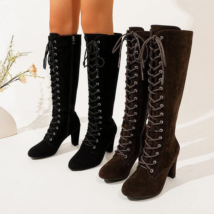Overknee Stiefel Damen | Wildleder-Boots mit Schnürung, Absatz und innenliegendem Reißverschluss