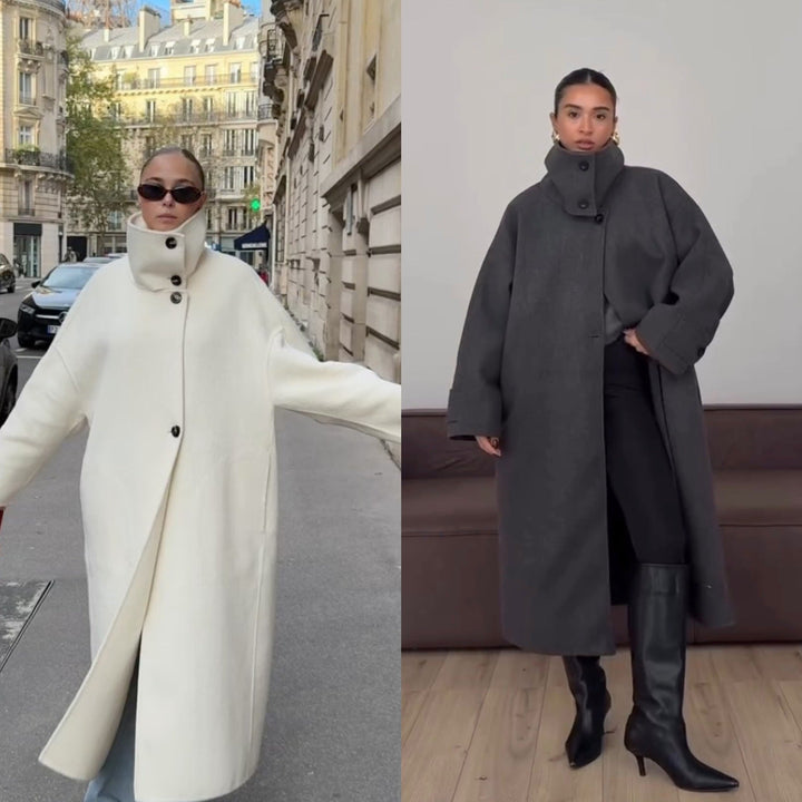 Damen Wollmix-Mantel lang mit Stehkragen | Minimalistischer Mantel mit verdeckter Knopfleiste und Eingrifftaschen für Büro