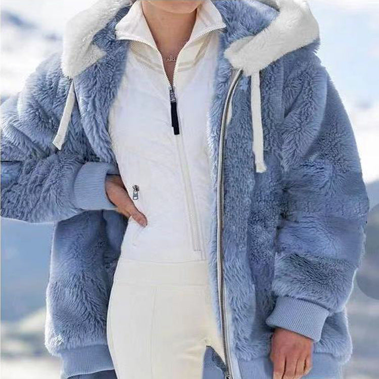 Damen-Fleecejacke mit Kapuze | Warme Oversize-Jacke mit Teddyfutter, Reißverschluss und Seitentaschen