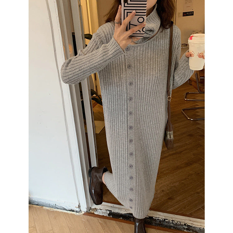 Damen Strickkleid mit hohem Kragen | Rippstrickkleid mit Knopfverschluss und weicher Strickstruktur für Alltag und Anlässe