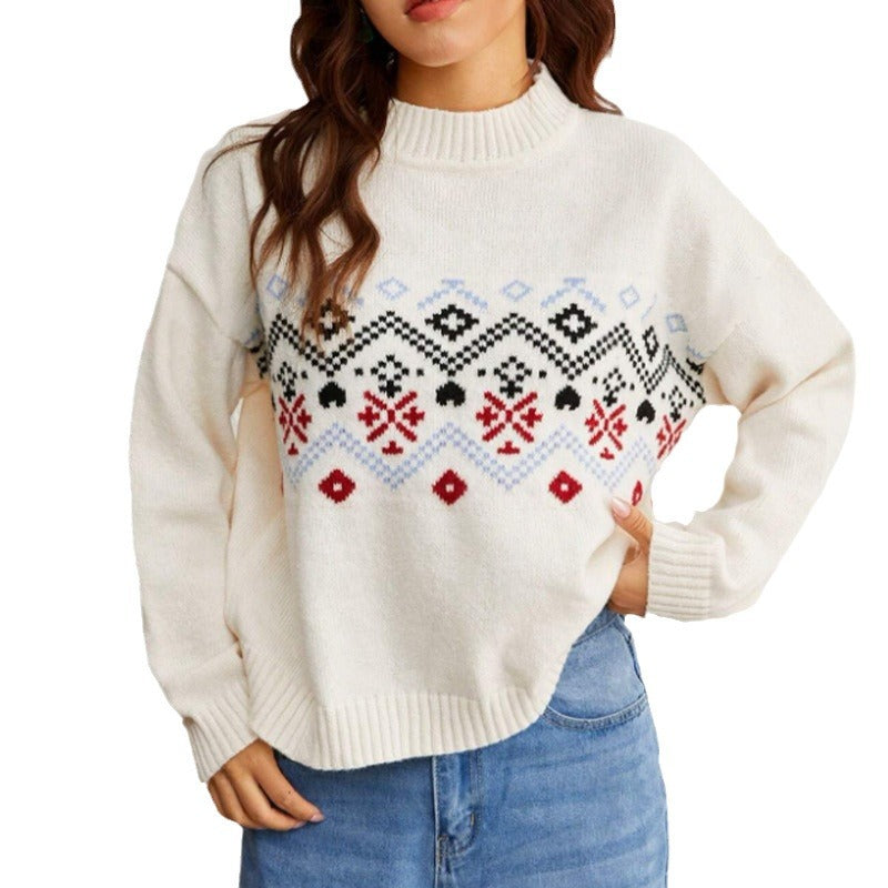 Damen Winterpullover mit Fair-Isle-Muster | Warmer Pullover mit hohem Kragen in Rot, Schwarz und Blau für festliche Winterlooks