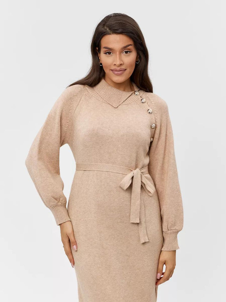 Damen Strickkleid mit Gürtel | Taillierbares Winterkleid mit Schulterknöpfen und lockeren Ärmeln für Alltag und besondere Anlässe