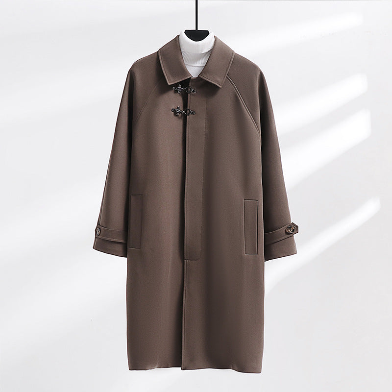 Damen Longline-Mantel mit Knebelverschluss | Langer Übergangsmantel mit Raglanärmeln und Taschen für Alltag und Büro