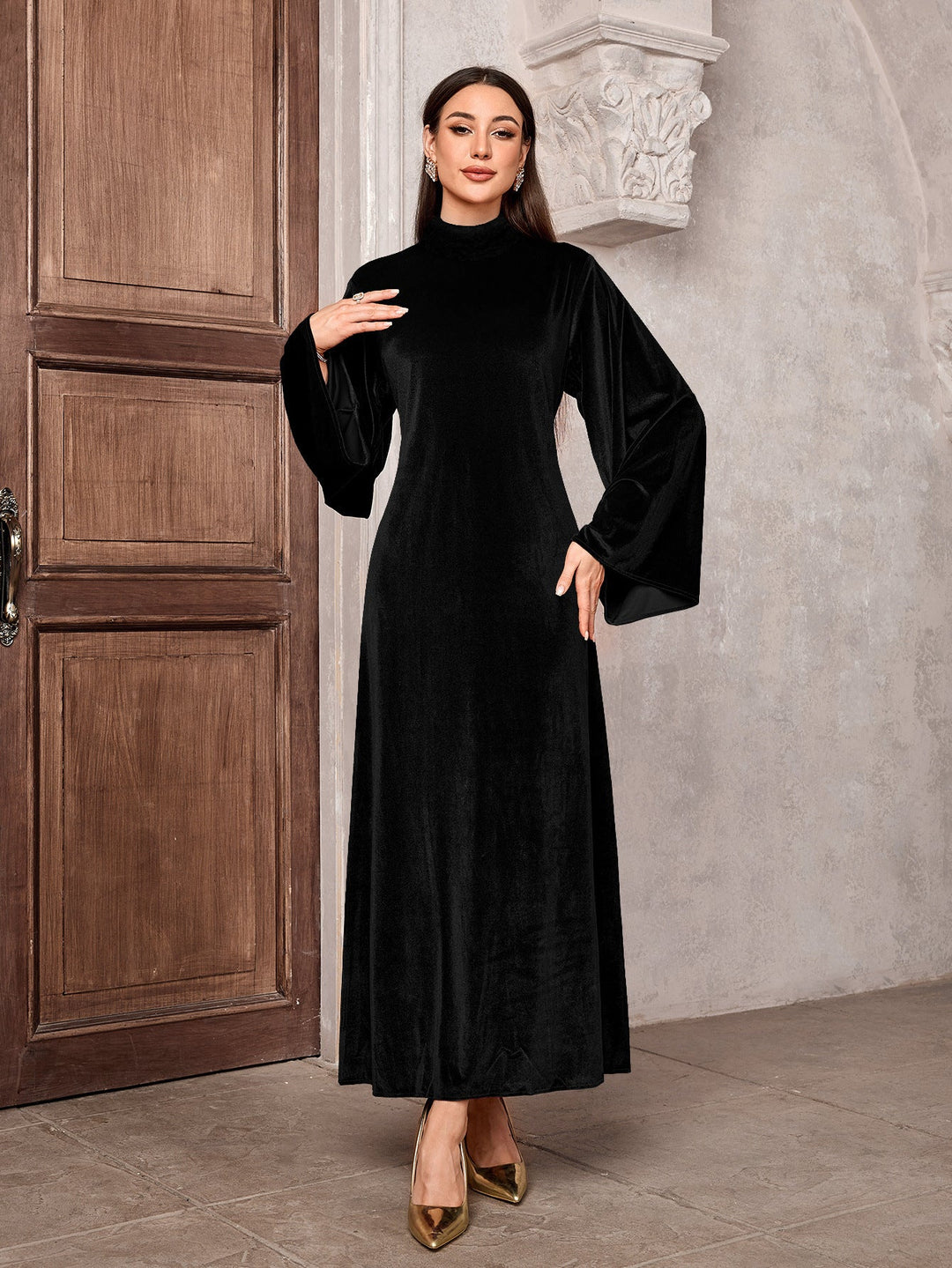 Damen Maxikleid | Elegantes langes Kleid mit Stehkragen, weiten Glockenärmeln und fließender Passform für festliche Anlässe