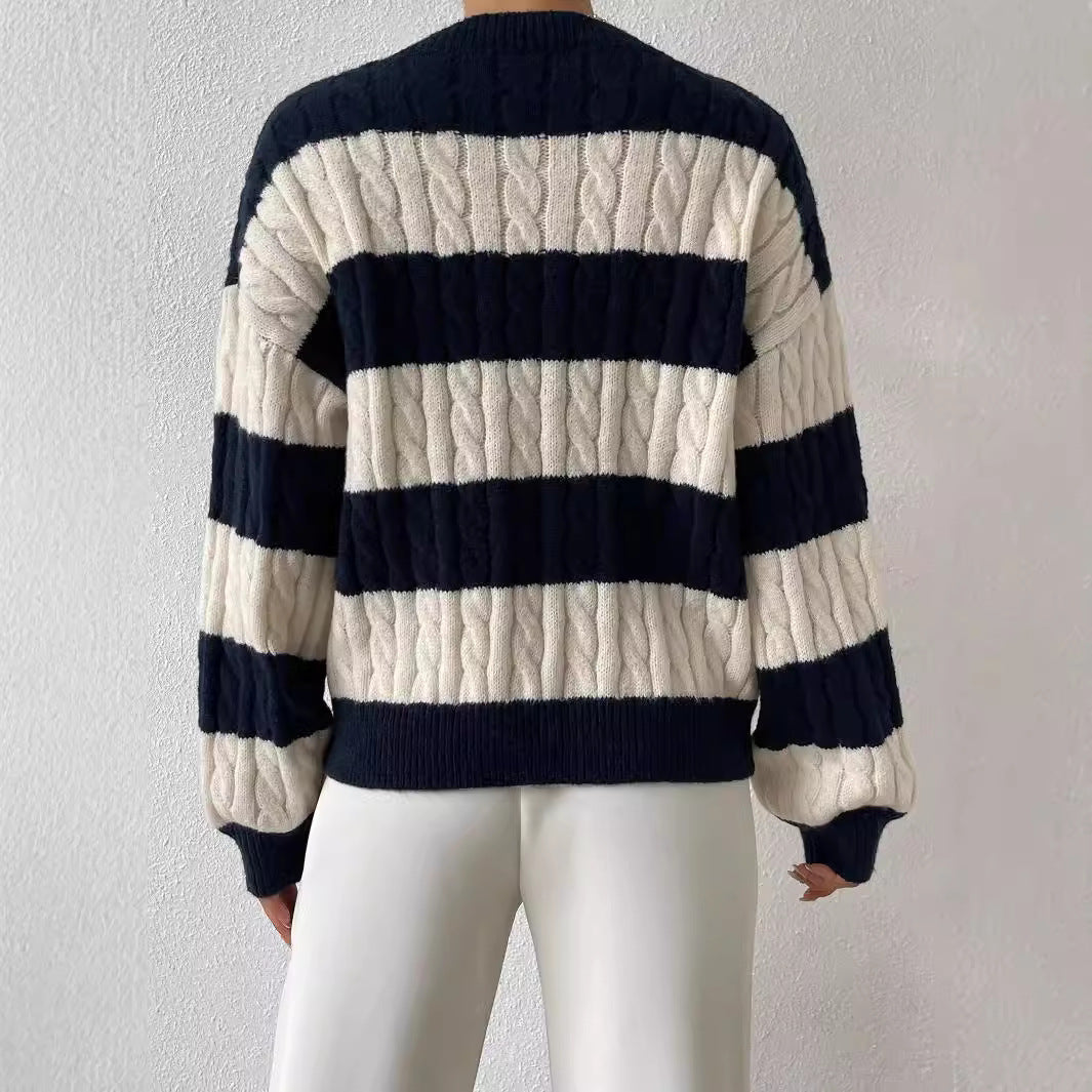 Damen Grobstrickpullover | Gestreifter Oversize-Pullover mit Zopfmuster, tiefem V-Ausschnitt und Ballonärmeln für Alltag und Freizeit