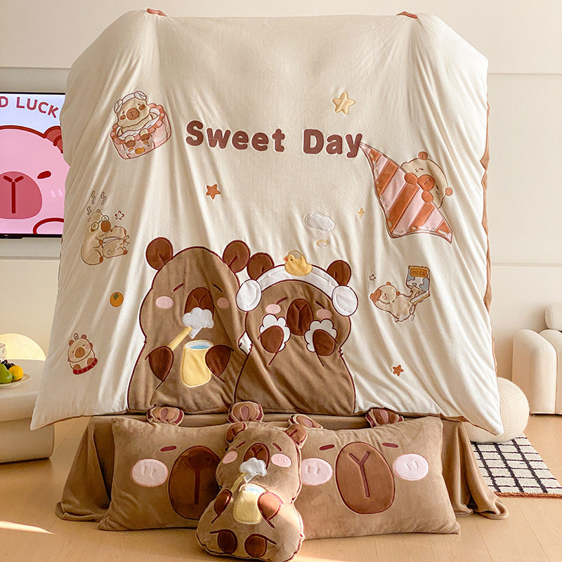 Flauschige Kinder Bettwäsche mit Teddy | Gesteppte Kuschelbettwäsche mit 3D-Bären-Applikationen und wärmender Füllung