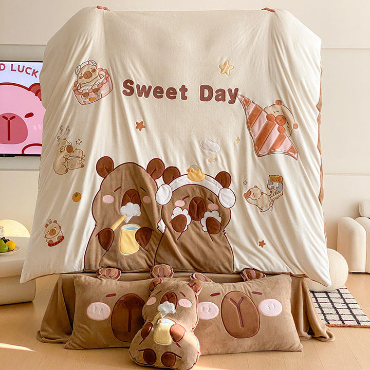 Flauschige Kinder Bettwäsche mit Teddy | Gesteppte Kuschelbettwäsche mit 3D-Bären-Applikationen und wärmender Füllung