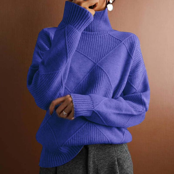Damen Strickpullover mit hohem Kragen | Warmer Winterpullover mit strukturiertem geometrischem Muster für moderne Winterlooks