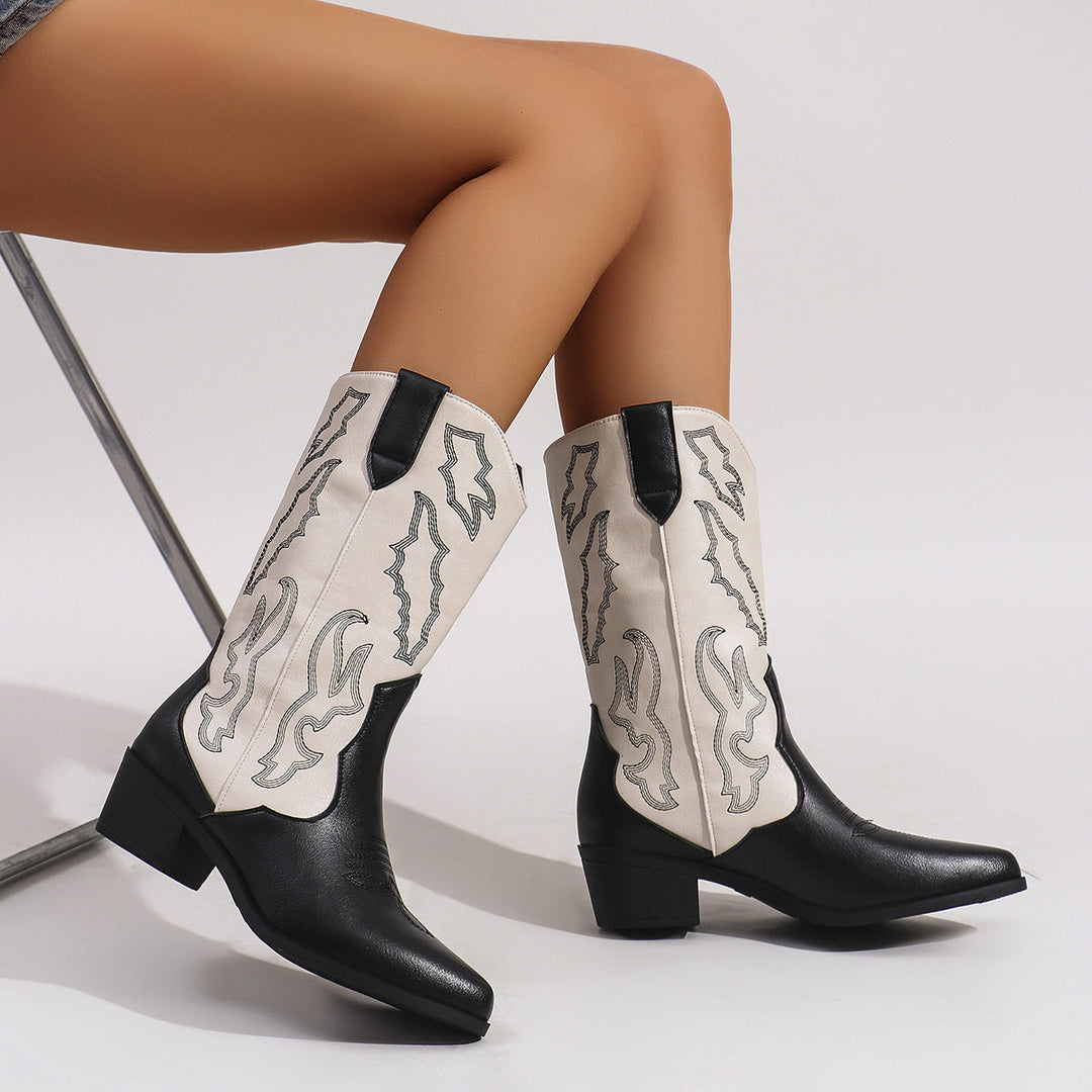 Damen Cowboystiefel mit Stickerei | Wadenhohe Westernstiefel mit Blockabsatz, spitzer Zehenform und gepolsterter Innensohle