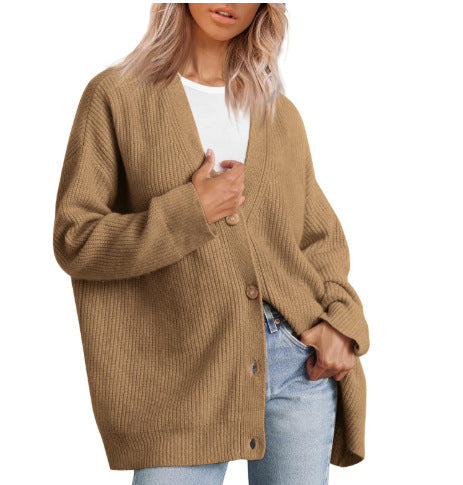 Damen Oversize Strickjacke mit Knopfleiste | Lockerer Cardigan mit V-Ausschnitt, langen Ärmeln und geradem Saum