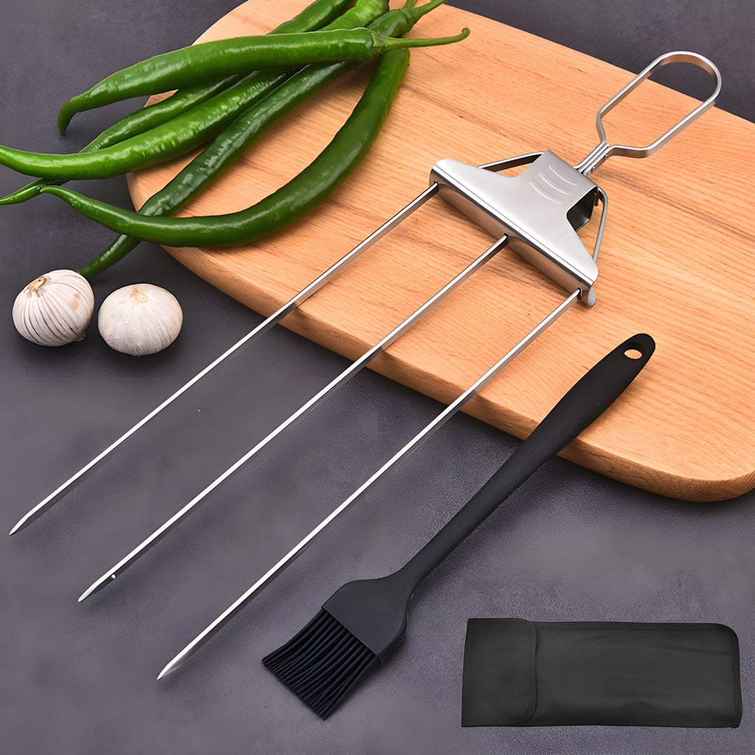 3-in-1 Grillspieße aus Edelstahl | gleichmäßiges Garen ohne Drehen | Food-Release System | inkl. Tasche &amp; Silikonpinsel