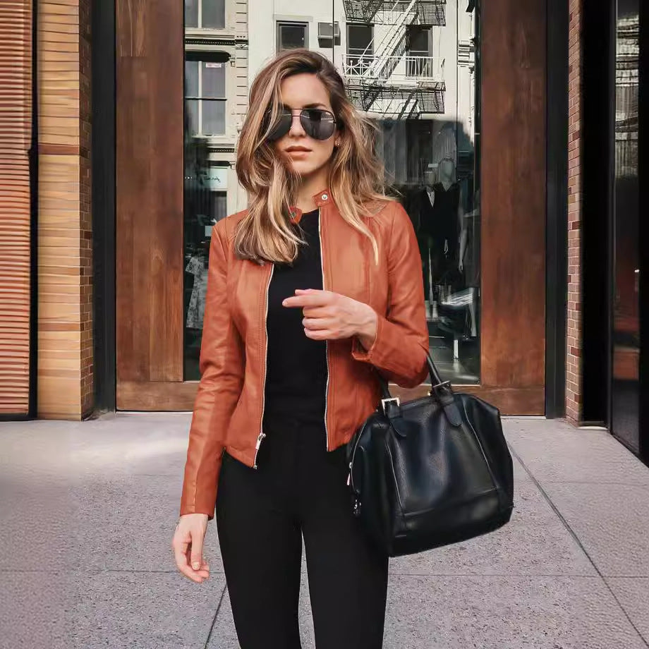 Damen Lederjacke mit Stehkragen | Taillierte Jacke mit Zwei-Wege-Reißverschluss und seitlichen Reißverschlusstaschen