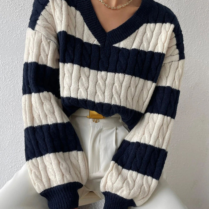 Damen Grobstrickpullover | Gestreifter Oversize-Pullover mit Zopfmuster, tiefem V-Ausschnitt und Ballonärmeln für Alltag und Freizeit