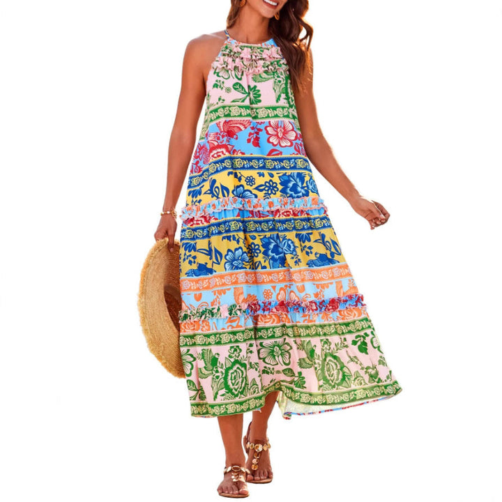 Felicity Boho Neckholder-Maxikleid mit Blumenprint | Stufiger, fließender Schnitt | Leicht &amp; atmungsaktiv für Sommer &amp; Urlaub