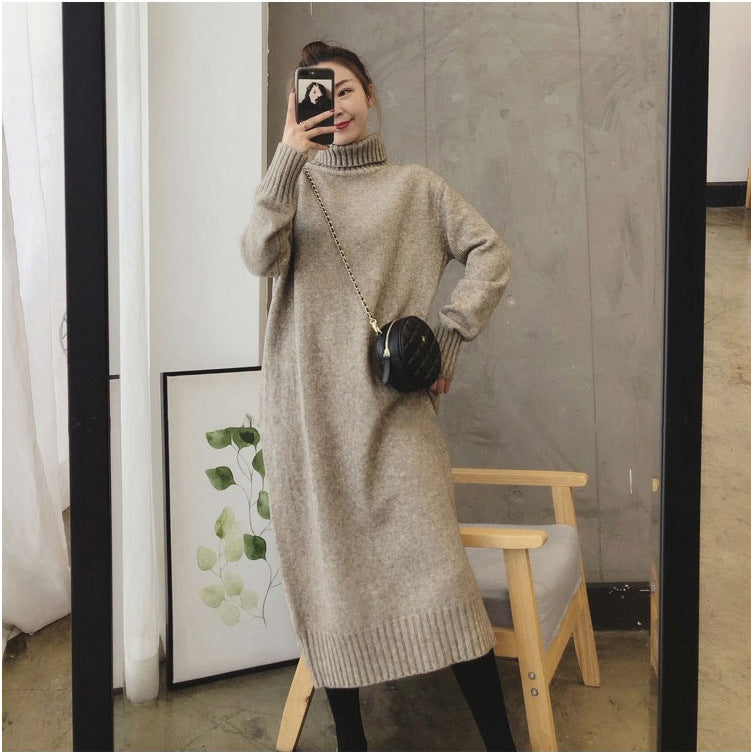 Damen Strickkleid mit hohem Kragen | Langes Winterkleid mit Rippdetails und weicher Strickstruktur für Alltag und besondere Anlässe