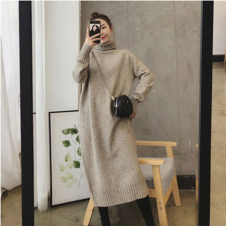 Damen Strickkleid mit hohem Kragen | Langes Winterkleid mit Rippdetails und weicher Strickstruktur für Alltag und besondere Anlässe