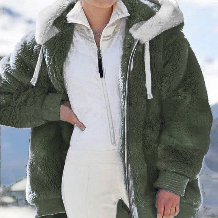 Damen-Fleecejacke mit Kapuze | Warme Oversize-Jacke mit Teddyfutter, Reißverschluss und Seitentaschen