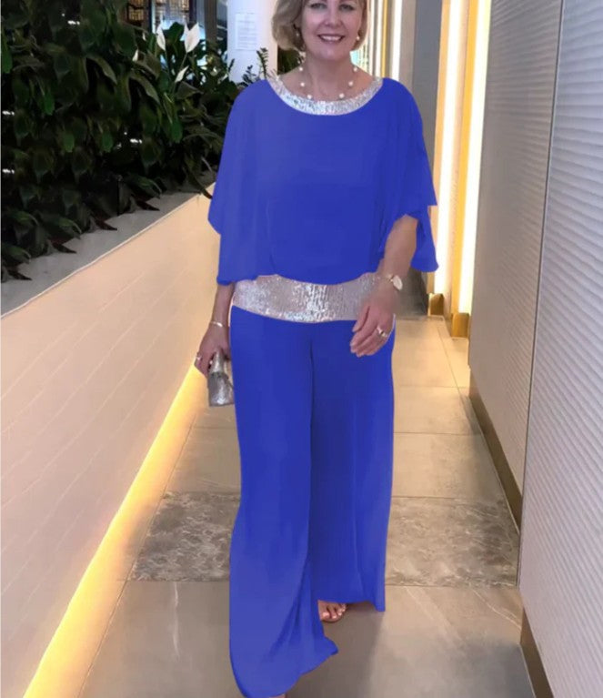Dámsky flitrový dvojdielny set s dlhými nohavicami | Slávnostný farebný blok a patchwork | Okrúhly výstrih a rozparky na polovičných rukávoch | Voľný strih