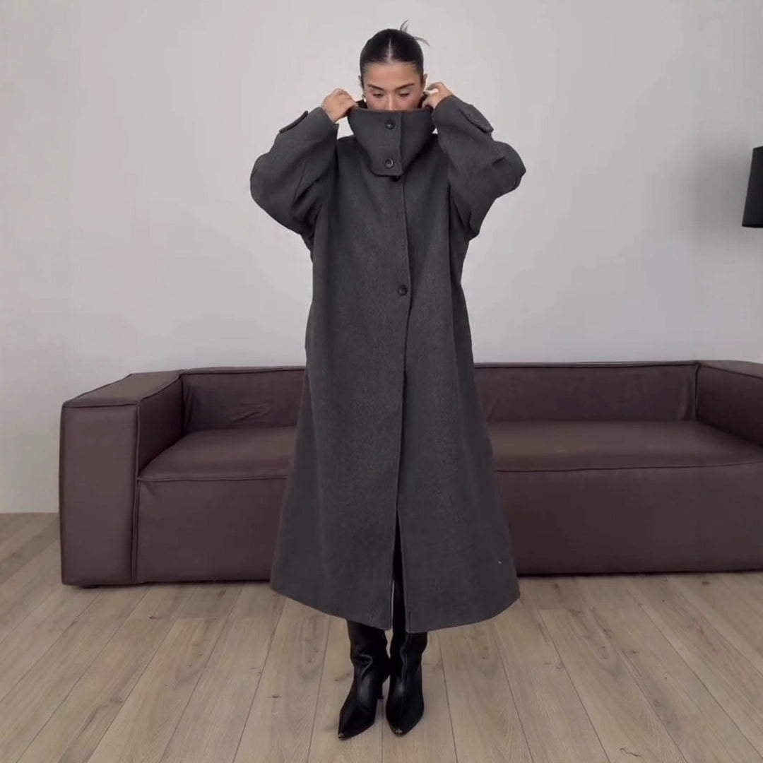 Damen Wollmix-Mantel lang mit Stehkragen | Minimalistischer Mantel mit verdeckter Knopfleiste und Eingrifftaschen für Büro