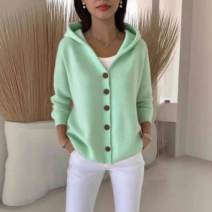 Damen Kapuzen-Cardigan Oversize | Weicher Feinstrick-Cardigan mit Knopfleiste, Eingrifftaschen und lässiger Passform
