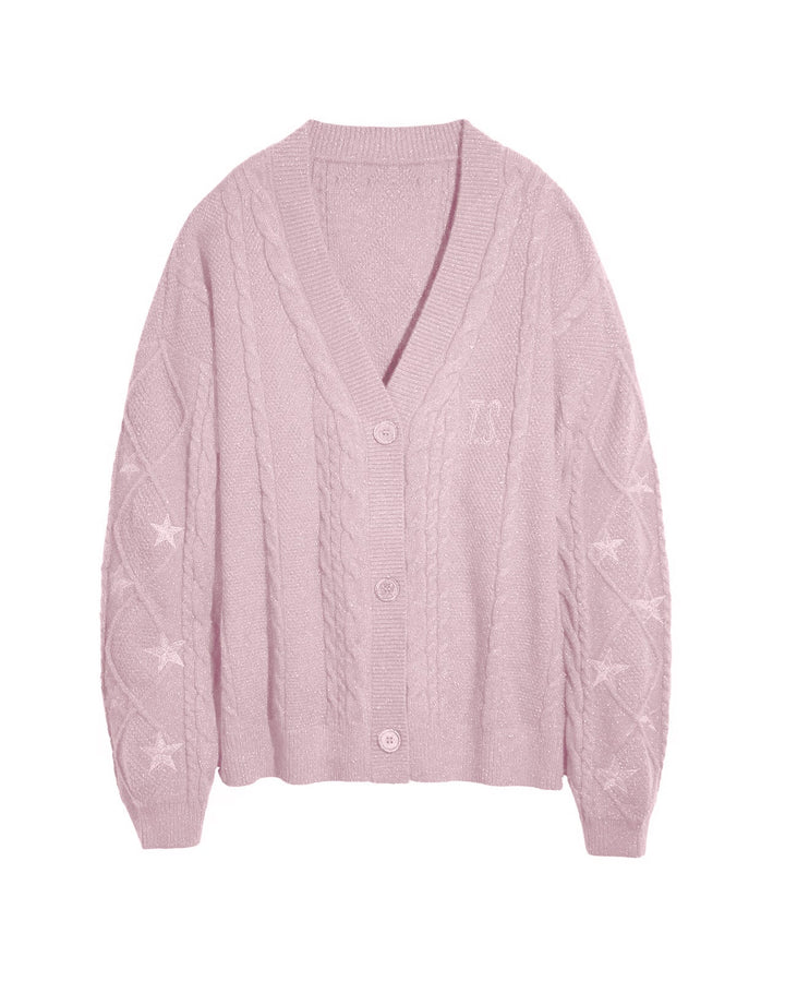 Damen Grobstrick Cardigan mit Zopfmuster | Oversize-Strickjacke mit V-Ausschnitt, Sternstickereien und Knopfleiste