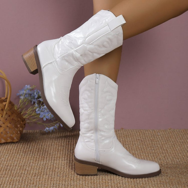 Damen Cowboystiefel im Western-Stil | Hoher Schaft &amp; stabiler Absatz | Klassische Westernboots mit dekorativen Ziernähten