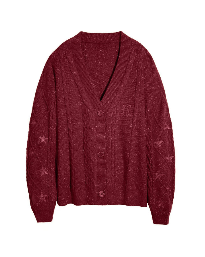 Damen Grobstrick Cardigan mit Zopfmuster | Oversize-Strickjacke mit V-Ausschnitt, Sternstickereien und Knopfleiste