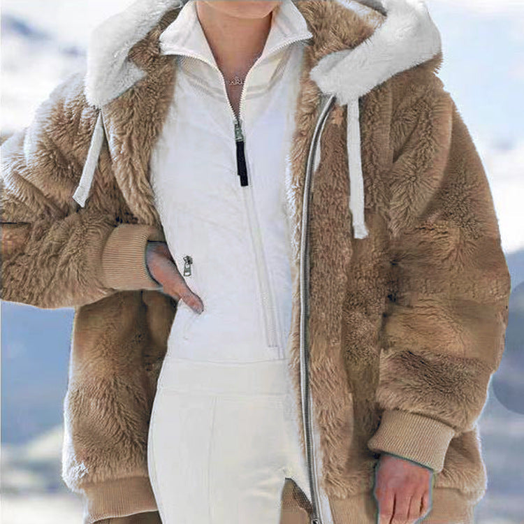 Damen-Fleecejacke mit Kapuze | Warme Oversize-Jacke mit Teddyfutter, Reißverschluss und Seitentaschen