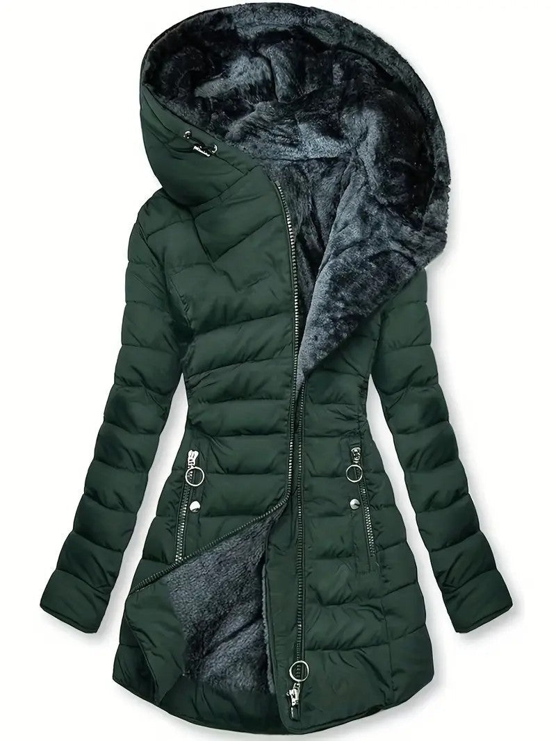 Damen lange Winterjacke mit weichem Innenfutter | Warm gefütterte Jacke mit Kapuze, taillierter Passform und Reißverschlusstaschen