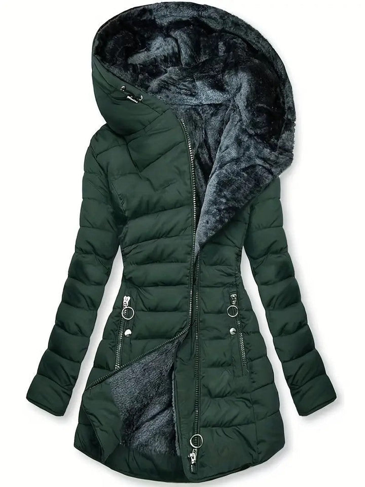 Damen lange Winterjacke mit weichem Innenfutter | Warm gefütterte Jacke mit Kapuze, taillierter Passform und Reißverschlusstaschen