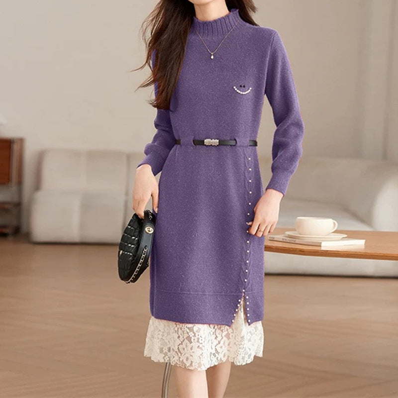 Damen Strickkleid aus Wolle mit Spitzensaum | Taillierbares Winterkleid mit Gürtel und hohem Kragen für Büro und Anlässe