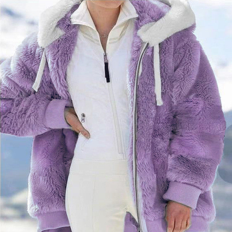 Damen-Fleecejacke mit Kapuze | Warme Oversize-Jacke mit Teddyfutter, Reißverschluss und Seitentaschen
