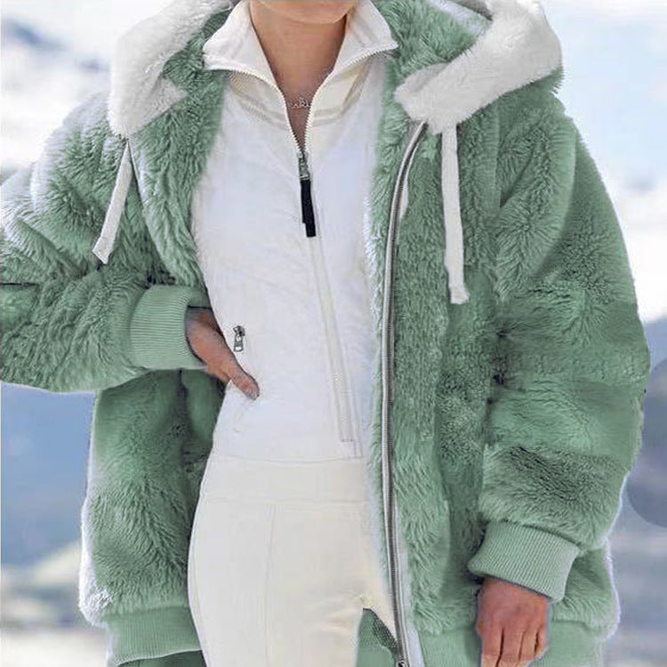 Damen-Fleecejacke mit Kapuze | Warme Oversize-Jacke mit Teddyfutter, Reißverschluss und Seitentaschen