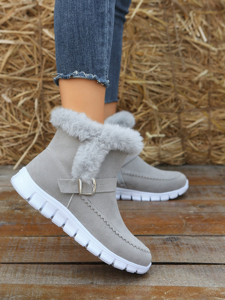 Damen Winterstiefeletten warm gefüttert | Kurzstiefel in Velourslederoptik mit Kunstfellbesatz, Reißverschluss und Profilsohle