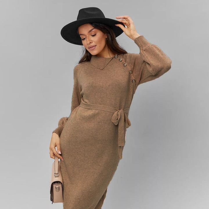 Damen Strickkleid mit Gürtel | Taillierbares Winterkleid mit Schulterknöpfen und lockeren Ärmeln für Alltag und besondere Anlässe