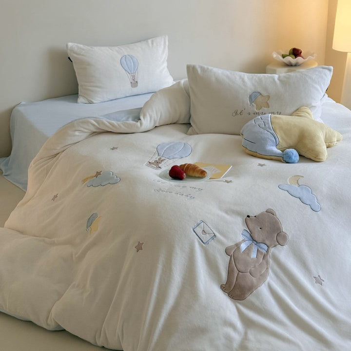 Kinder Bettwäsche aus Baumwolle | Bettwäsche-Set mit Teddybär, Heißluftballon und bestickten Sternen für Jungen und Mädchen