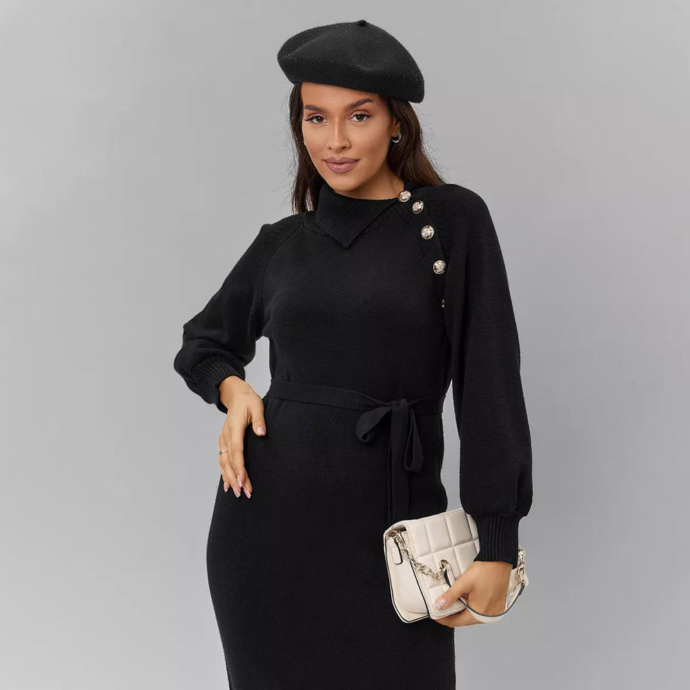 Damen Strickkleid mit Gürtel | Taillierbares Winterkleid mit Schulterknöpfen und lockeren Ärmeln für Alltag und besondere Anlässe