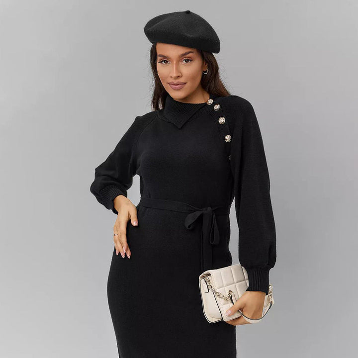 Damen Strickkleid mit Gürtel | Taillierbares Winterkleid mit Schulterknöpfen und lockeren Ärmeln für Alltag und besondere Anlässe