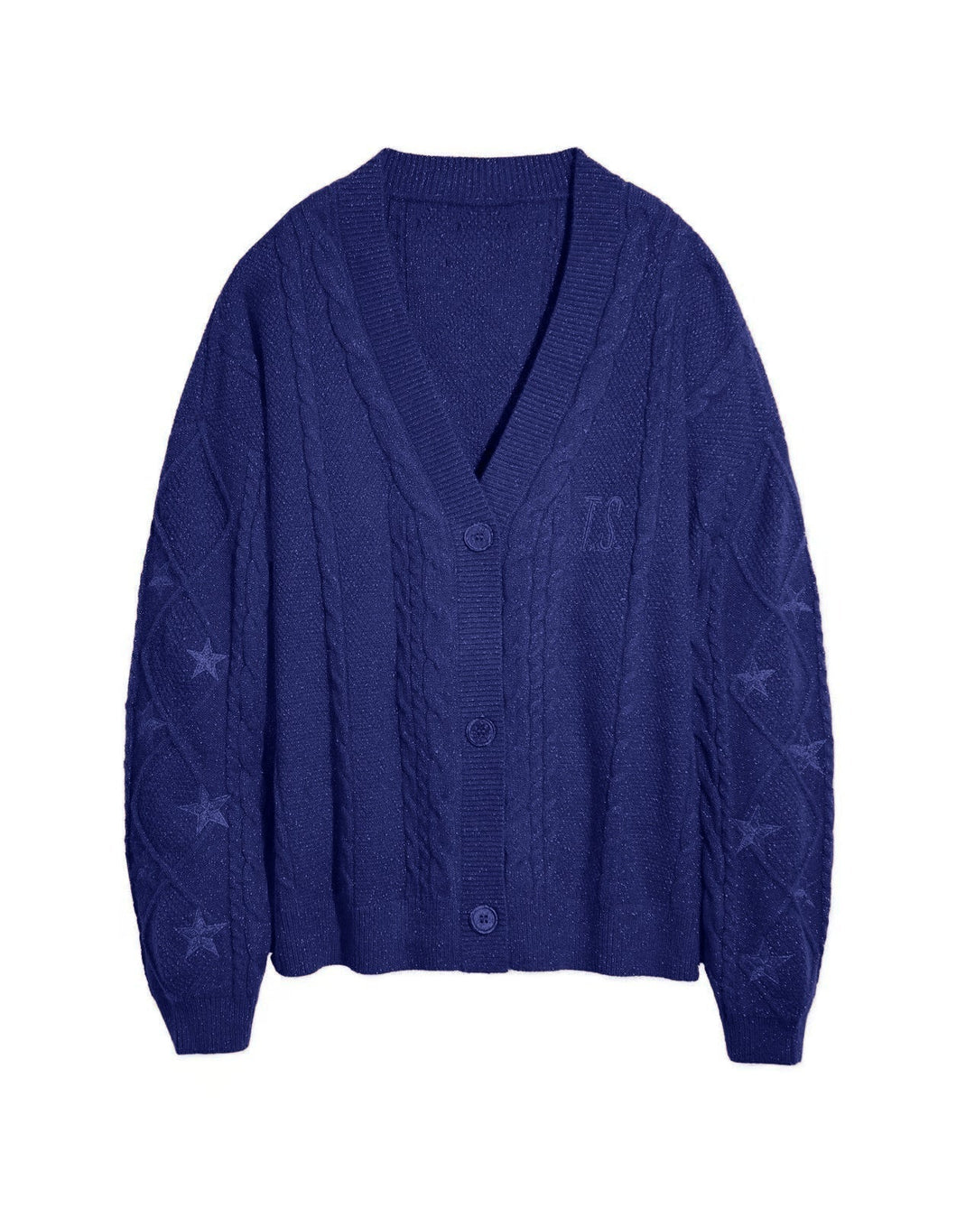 Damen Grobstrick Cardigan mit Zopfmuster | Oversize-Strickjacke mit V-Ausschnitt, Sternstickereien und Knopfleiste