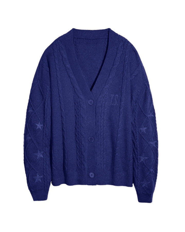 Damen Grobstrick Cardigan mit Zopfmuster | Oversize-Strickjacke mit V-Ausschnitt, Sternstickereien und Knopfleiste