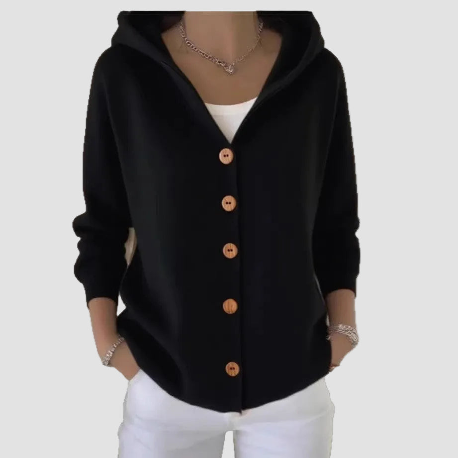 Damen Kapuzen-Cardigan Oversize | Weicher Feinstrick-Cardigan mit Knopfleiste, Eingrifftaschen und lässiger Passform