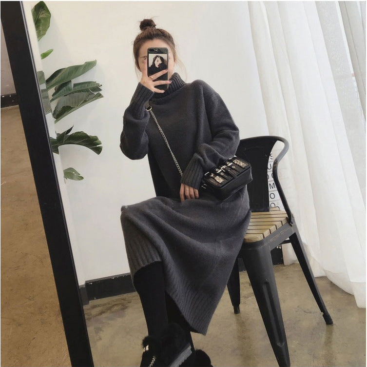 Damen Strickkleid mit hohem Kragen | Langes Winterkleid mit Rippdetails und weicher Strickstruktur für Alltag und besondere Anlässe