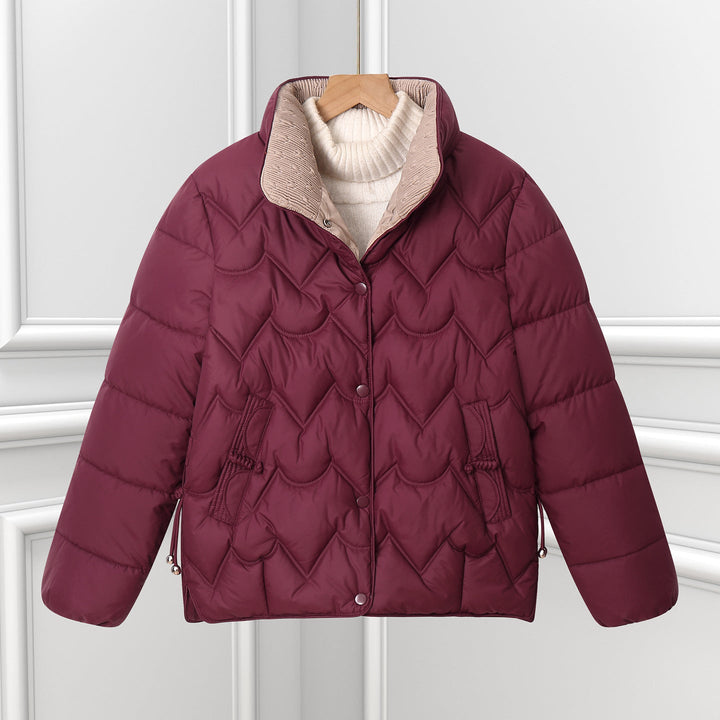 Damen Steppjacke mit Bogensteppung | Kurze Pufferjacke mit Druckknopfverschluss, hohem Stehkragen und verstellbaren Kordelzügen