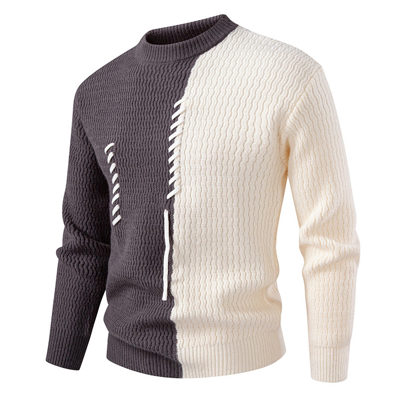 Herren Strickpullover mit Zierband und Strukturmuster | Warmer Rundhalspullover mit zweigeteilter Strickoptik und gerader Passform