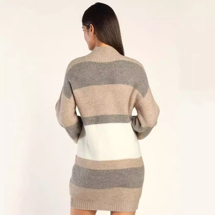 Damen Strickkleid mit Rollkragen | Figurbetontes Winterkleid mit Streifenmuster für Alltag, Büro und besondere Anlässe